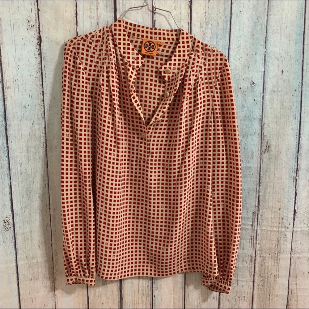 Tory Burch Cream Blouse with Red Grid Print